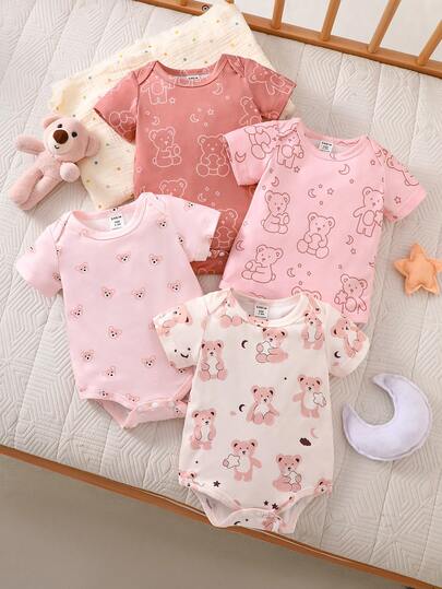 SHEIN 4pcs/Set Newborn Cute Pattern Bodysuit Outfit Set Baby Girl Rompers Printed Baby Bodysuits Newborn Bodysuits Girl Baby Girl Clothes Multipack Baby Girl Bodysuits Baby Clothes Multipack Bear Print Rompers Casual Printed Rompers