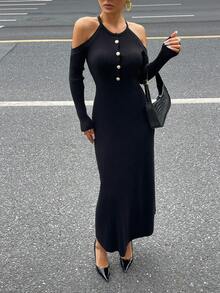 DAZY Robe pull ajustée à col roulé et épaules dénudées pour femmes, style Y2K hivernal