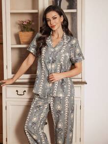 Serenescape Floral Print Button Front Pocket Short Sleeve Pajama Set For Women Lounge Sets For Women Floral Print Pajama Set Pajama Sets For Women - Multicolor - View 4