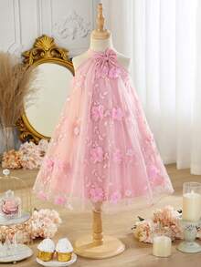 SHEIN Elladie kids Đầm bé gái ngọt ngào, mộng mơ, họa tiết hoa 3D lưới, cổ yếm, thanh lịch, độc đáo, phù hợp cho tiệc tùng, đi chơi và mặc hàng ngày. - Hồng - Xem 10