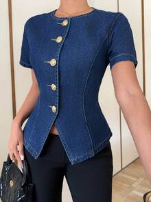 Siren Gaze 女士前扣短袖牛仔夹克 - 深色水洗藍 - 查看 4