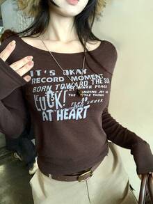 DAZY Women's Casual Slogan Print Long Sleeve T-Shirt, Autumn