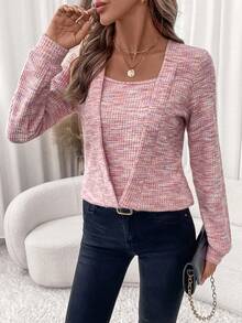 Editum Women's Elegant Pink Waffle Pattern Square Neck Sports Pullover Sweatshirt In Fall/Winter - Pink - View 5