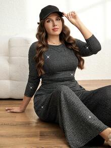SHEIN LUNE 2 piezas Conjunto de top de manga larga y pantalones de tela cómoda y texturizada para mujer de talla grande - Negro - Ver 5