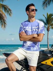 Manfinity Swimmode Men's Tropical Print Rash Guard Swimwear Beach Tshirt For Men Mens Vacation Clothing - Baby Blue - View 3