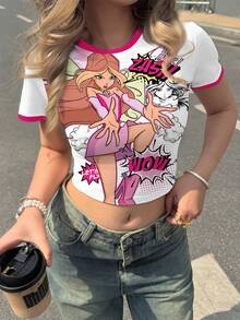 The Winx x SHEIN Women's Fashion Contrast Trim Cartoon Portrait Graphic Cropped T-Shirt, Summer - White - View 2