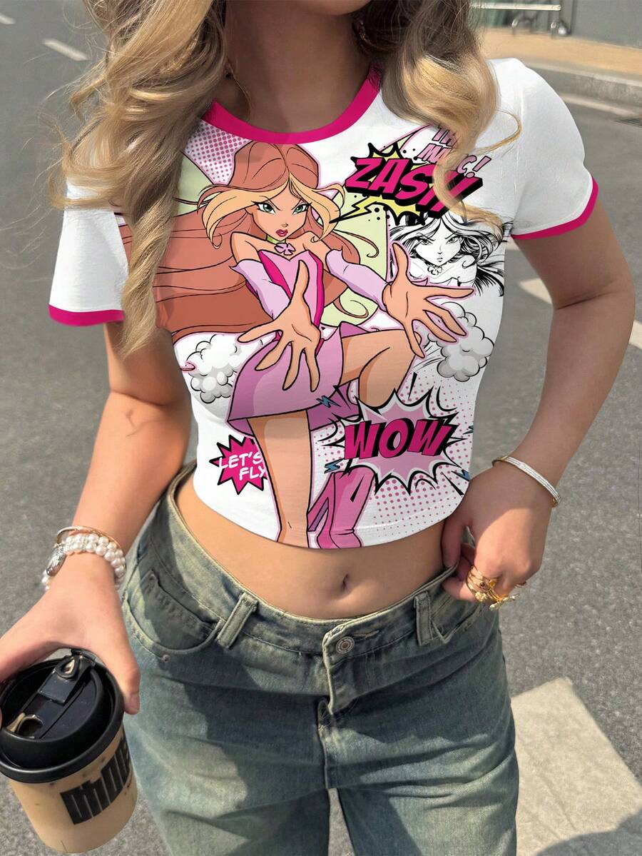The Winx x SHEIN 女士时尚撞色滚边卡通人像图案短款T恤，夏季 - 白色 - 查看 1