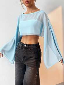 SHEIN EZwear 女士纯色圆领落肩长袖短款宽松上衣 - 淺藍色 - 查看 3