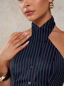 COSMINA Women's Elegant Striped Halter Neck Bodycon Tank Top, Versatile For Commute And Everyday Wear, All Season - Blue and White - View 6