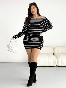 SHEIN Essnce Đầm ngắn tay dài trễ vai kẻ sọc đen trắng dành cho nữ cỡ lớn thời trang xuân/hè, dáng rộng thoải mái, cơ bản, đa năng, tôn dáng, thích hợp mặc hàng ngày, trang phục mùa xuân, đầm ôm dáng, phong cách đơn giản - Đen và trắng - Xem 4