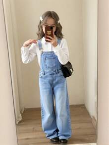 SHEIN Tween Girls' Casual Loose Fit Wide Leg Blue Denim Overalls With Pockets - Light Wash - View 5