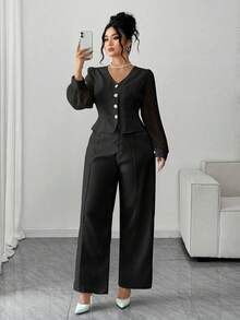 Elenzga Bộ đồ 2 mảnh thanh lịch dành cho nữ cỡ lớn, màu trơn, cổ chữ V, chất liệu chiffon, tay dài, phối họa tiết, có túi giả và quần ống rộng. - màu đen - Xem 7