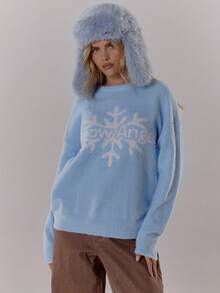 MUSERA Knit Oversized Relaxed '' Knit Crewneck Jumper Old Money Cute Country Cottage Core Back To School Butterscotch Work - Baby Blue - View 5