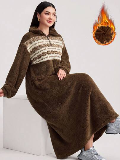 Veilorie Women's Geometric Pattern Drop Shoulder Long Sleeve Zip-Up Half Placket Casual Fleece Sweatshirt Dress, Autumn/Winter