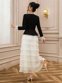 DAZY 2件套优雅法式花卉网纱拼接迷你连衣裙，女装 - 黑色 - 查看 2