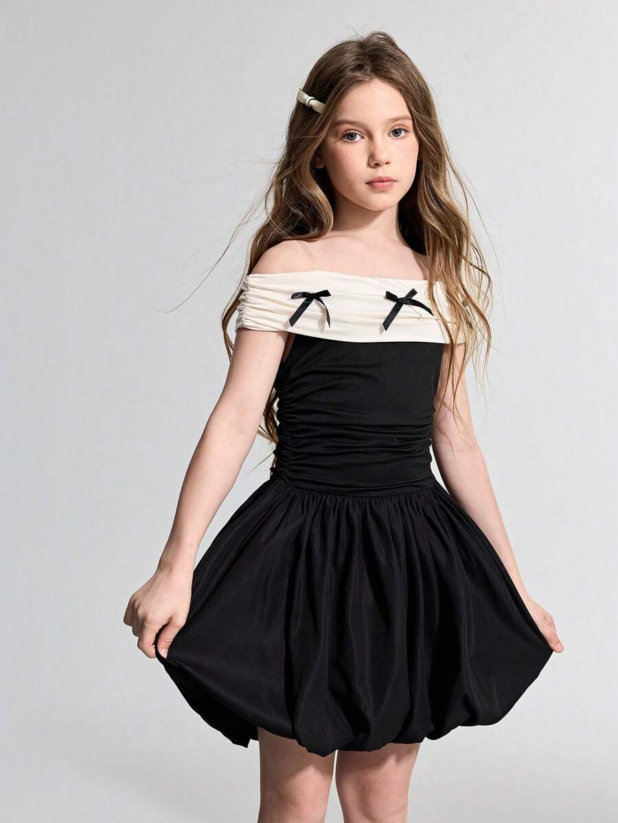SHEIN Tween Girl Knit Color Block Bow Decor Off-Shoulder Elegant Dress - Black - View 1