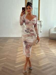 DAZY Floral Print Mesh Slit Midi Dress For Women, Suitable For Valentine's Day, Banquet, Back To School - Apricot - View 9