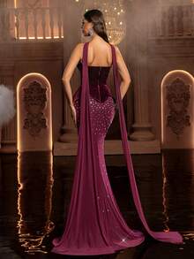 Glamrae Elegante vestido de noche de cola de sirena con parches de terciopelo burdeos y malla, con adornos de lujo y sin tirantes (capa desmontable para el cuello). Adecuado para todas las ocasiones formales. - Burdeos - Ver 4
