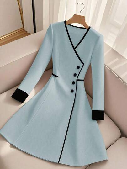 Franclia 优雅收腰长袖V领AB拼接饰边侧边隐形拉链秋冬女装