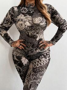 Whyspr 大码女式网纱印花优雅复古朋克哥特风连体裤，大胆前卫高领长袖修身派对Y2K印花紧身裤高弹力，音乐节服装，派对及节日服饰 - 彩色 - 查看 5