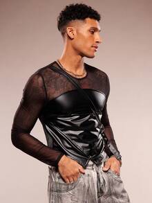 FeverCity Men's Fashionable Sexy Mesh Patchwork T-Shirt - Black - View 4