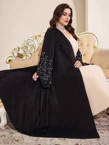 Al Najma Plus Size Women Elegant Rhinestone Embellished Flare Sleeve Abaya Abayas Dubai Luxury Black Abaya - Black - View 8