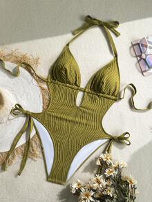 Soleia Áo tắm liền thân cỡ lớn dành cho nữ, màu xanh ô liu, chất liệu dệt jacquard, cổ chữ V, hở lưng, buộc dây phía trước. - màu xanh lá - Xem 1