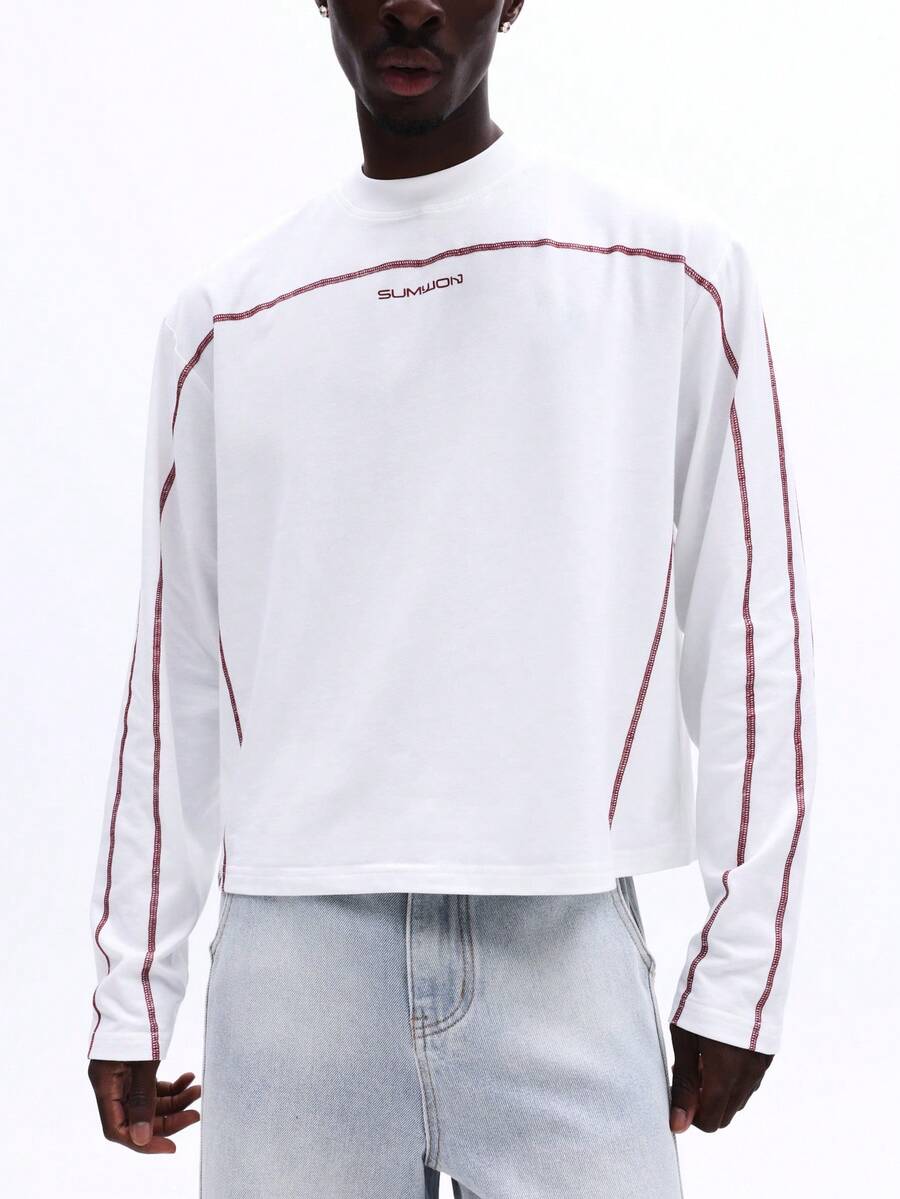 Áo thun dài tay dáng rộng SUMWON dành cho nam, thiết kế phối màu tương phản, cổ tròn, chất liệu cotton trơn. - trắng - Xem 1