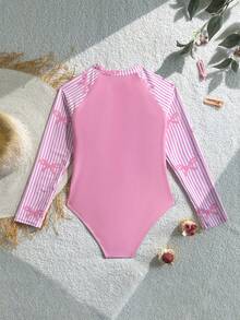 SHEIN 少女拼接条纹插肩袖连体泳衣 - 粉色 - 查看 3