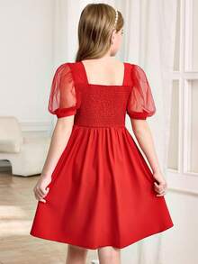 Sparklyn Tween Girl Elegant Woven Back Gathered Square Neck Mesh Puff Sleeve Luxurious Pearl Bow Decor Dress, Suitable For Daily Wear, Gatherings, Parties, Weddings - Red - View 2