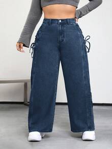 SHEIN PETITE CURVE Plus Size Casual Distressed Criss-Cross Strap Denim Jeans - Blue - View 3