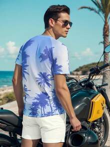 Manfinity Swimmode Men's Tropical Print Rash Guard Swimwear Beach Tshirt For Men Mens Vacation Clothing - Baby Blue - View 2