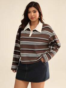 Auralis 春季大码女式条纹 Polo 领落肩长袖休闲 T 恤 - 彩色 - 查看 4