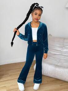 Tween Girl Tween Velvet Rhinestone Kangaroo Pocket Hooded Zip-Up Sweatshirt And Slim Flare Pants Casual Elegant 2 Pieces Set - Teal Blue - View 4