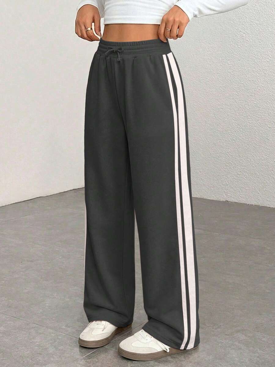 SHEIN Quần nỉ dài tay rút eo dáng rộng cho bé gái tuổi teen thời trang thường ngày - Màu xám đen - Xem 1