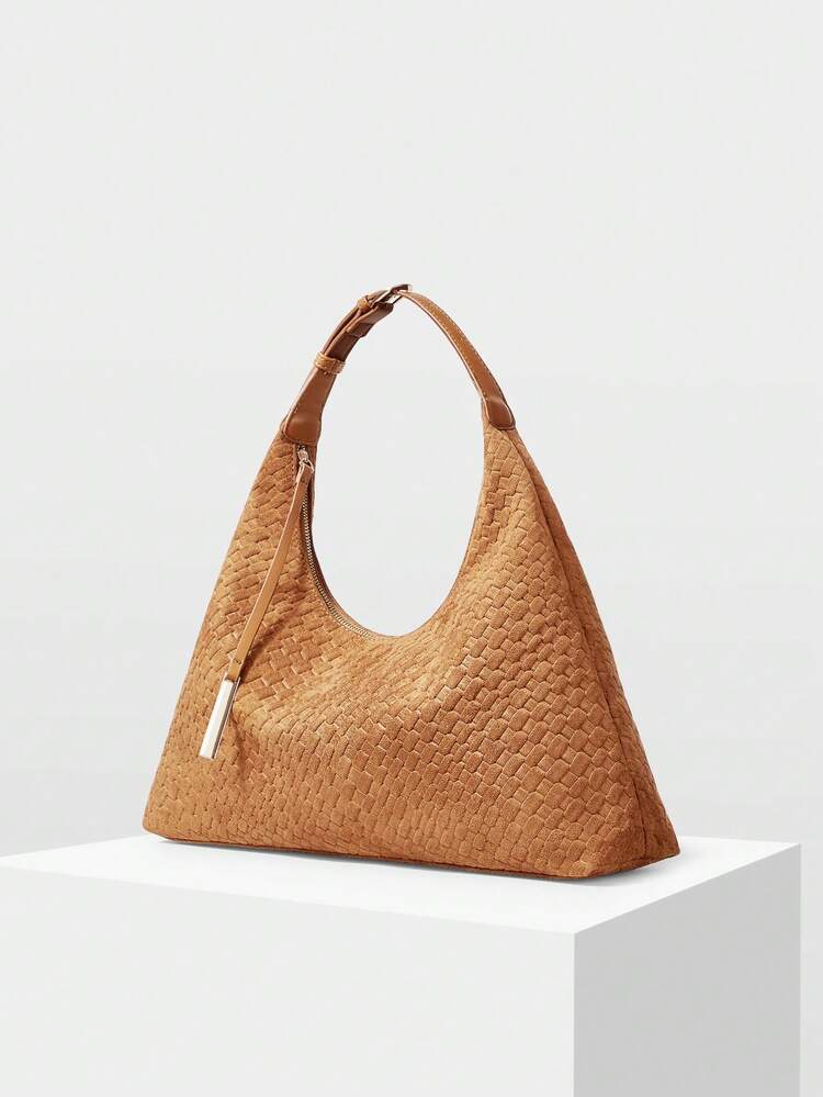 STYLISH MINIMALIST SOFT EMBOSSED WOVEN PATTERN SUEDETTE SHOULDER BAG WITH EXQUISITE METAL PENDANT, SUITABLE FOR COMMUTING AND SHOPPING
