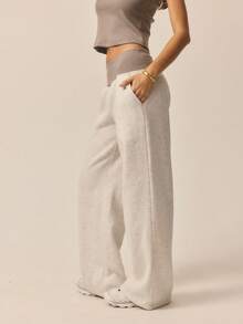 Aralina 女士低腰撞色罗纹宽腰带阔腿宽松运动裤，带口袋，灰色抓绒运动裤，舒适保暖日常休闲阔腿裤，可爱运动裤 - 灰色 - 查看 6