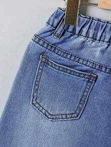 Conjunto de camisa de manga corta y pantalones cortos de mezclilla para niños preadolescentes (2 piezas) - Azul lavado medio - Ver 6