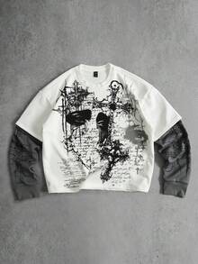 ROMWE MEN Men's Cross Print 2 In 1 Long Sleeve Crew Neck Casual T-Shirt - Grey - View 3