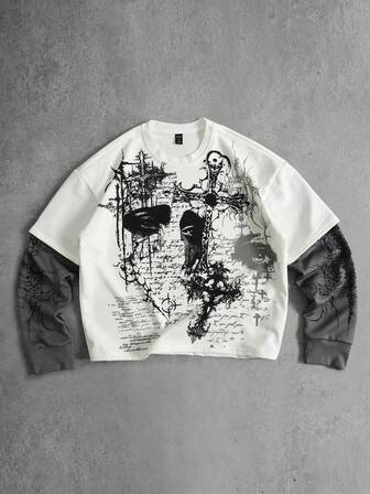 Camiseta casual de manga larga con cuello redondo y estampado de cruz, efecto de dos piezas para hombre