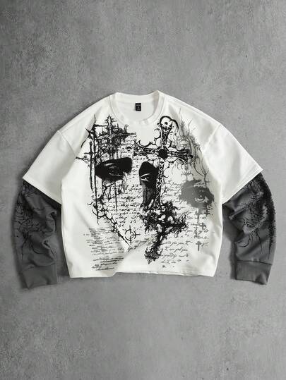 Camiseta casual de manga larga con cuello redondo y estampado de cruz, efecto de dos piezas para hombre