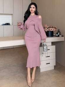DAZY Women's Elegant Solid Color Sleeveless Dress, Off Shoulder Long Sleeve Sweater, 2-Piece Set, Autumn/Winter - Pink - View 5