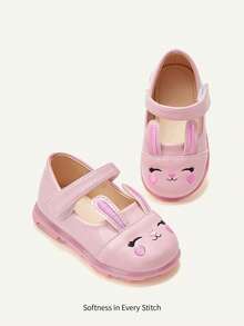 Cozy Pixies Glossy Pink Bunny Shoes With 3D Rabbit Ear Embroidery Design, Cute Cartoon, Soft & Comfortable, Fashion Princess Shoes With Lights - Pink - View 3