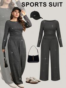 SHEIN LUNE 2 piezas Conjunto de top de manga larga y pantalones de tela cómoda y texturizada para mujer de talla grande - Negro - Ver 2