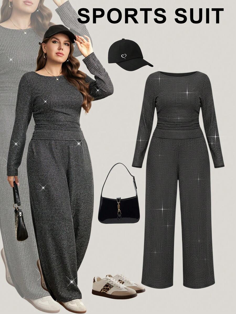SHEIN LUNE 2 piezas Conjunto de top de manga larga y pantalones de tela cómoda y texturizada para mujer de talla grande