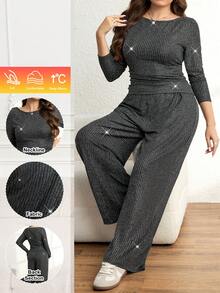 SHEIN LUNE 2 piezas Conjunto de top de manga larga y pantalones de tela cómoda y texturizada para mujer de talla grande - Negro - Ver 9