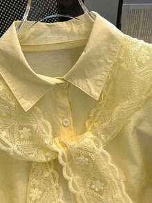 Resyla Plus Size Women's Solid Color Fashionable Lace Front Button Casual Versatile Blouse - Yellow - View 3