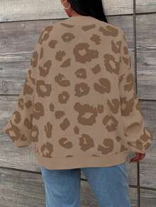 SHEIN Cottnline Plus Size Women's Leopard Print Stand Collar Sweater Pullover - Brown - View 2