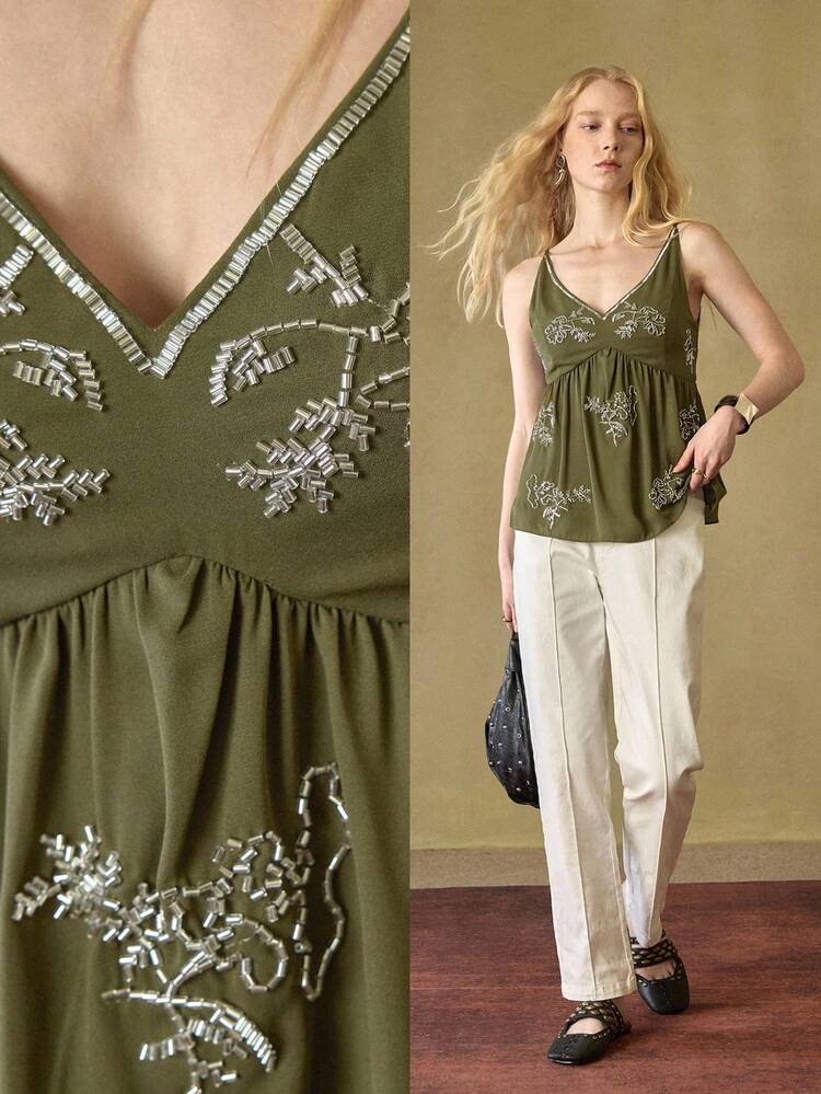 MOTF STUDIO WOMEN'S V-NECK BEADED DETAIL BABYDOLL CAMI TOP, AUTUMN/WINTER