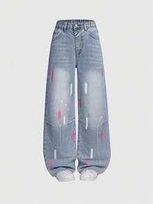 SHEIN ChillGRL 少女Y2K牛仔裤，70年代向日葵刺绣宽松阔腿牛仔裤，适合少女穿着，刺绣设计，时尚宽松直筒水洗牛仔裤，撞色设计，休闲舒适，适合春、秋、冬季穿着。 - 淺色水洗藍 - 查看 4